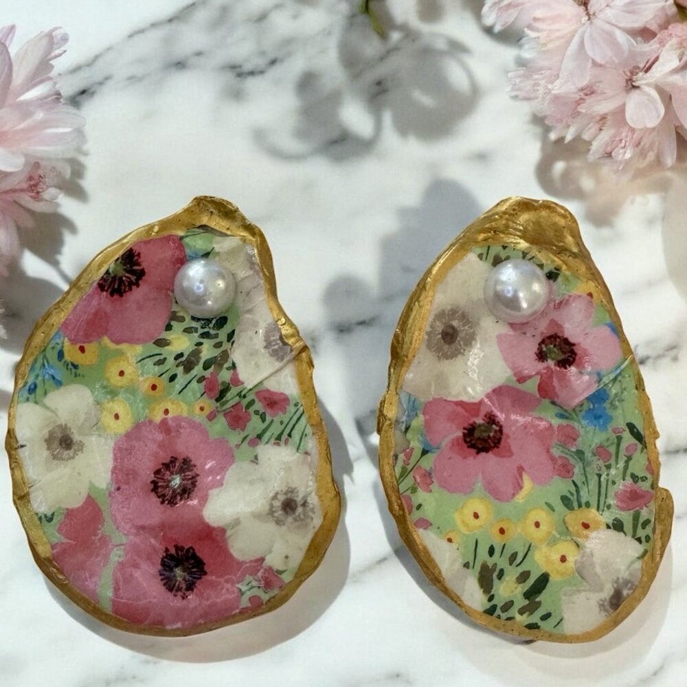 Handmade Decoupage Oyster Shell Trinket Dish Flowers, Pearls, Gold Trim